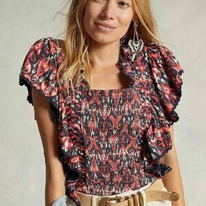 Anthropologie Let Me Be Smocked Crop Top Flutter Sleeves Shirt sz M Ruffle